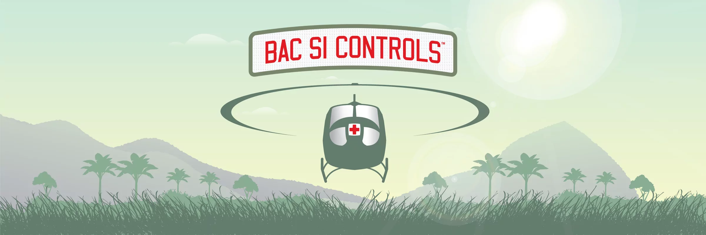 Bac Si Controls — the illustrated helicopter over a Vietnamese landscape, with the wordmark on a banner above it