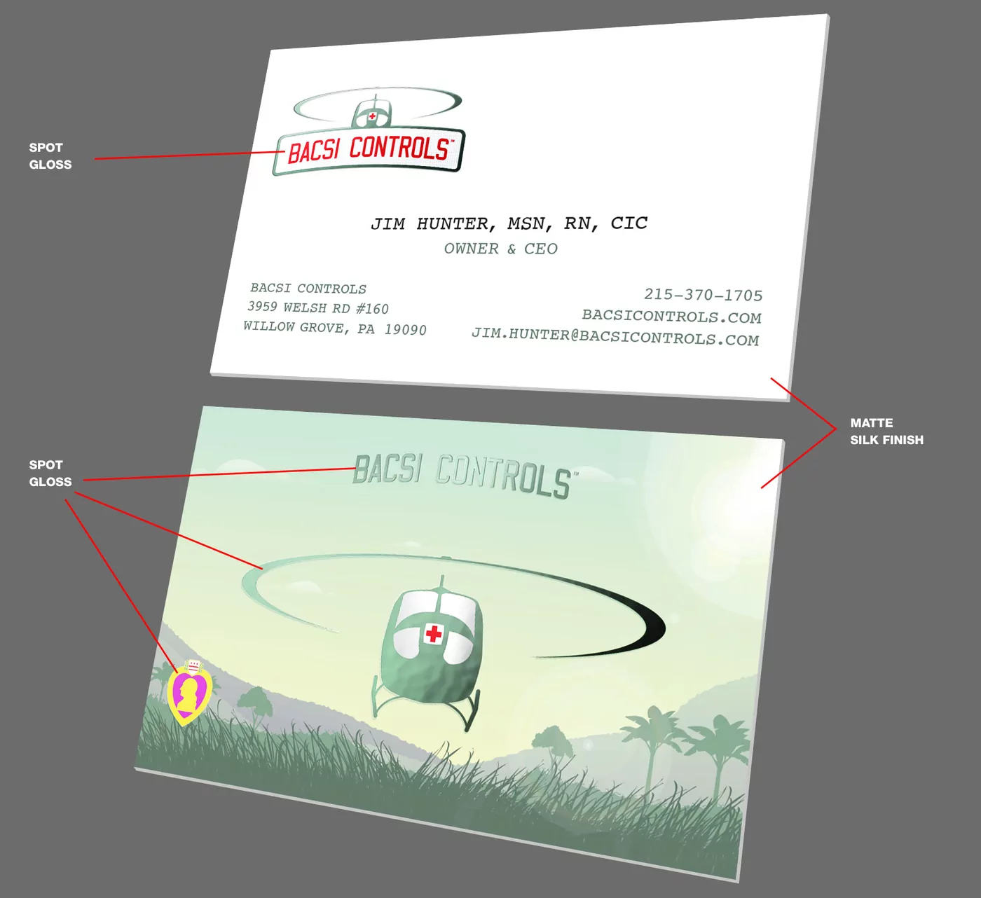 Bac Si Controls — business card, with spot gloss on the mark and wordmark against a matte silk finish