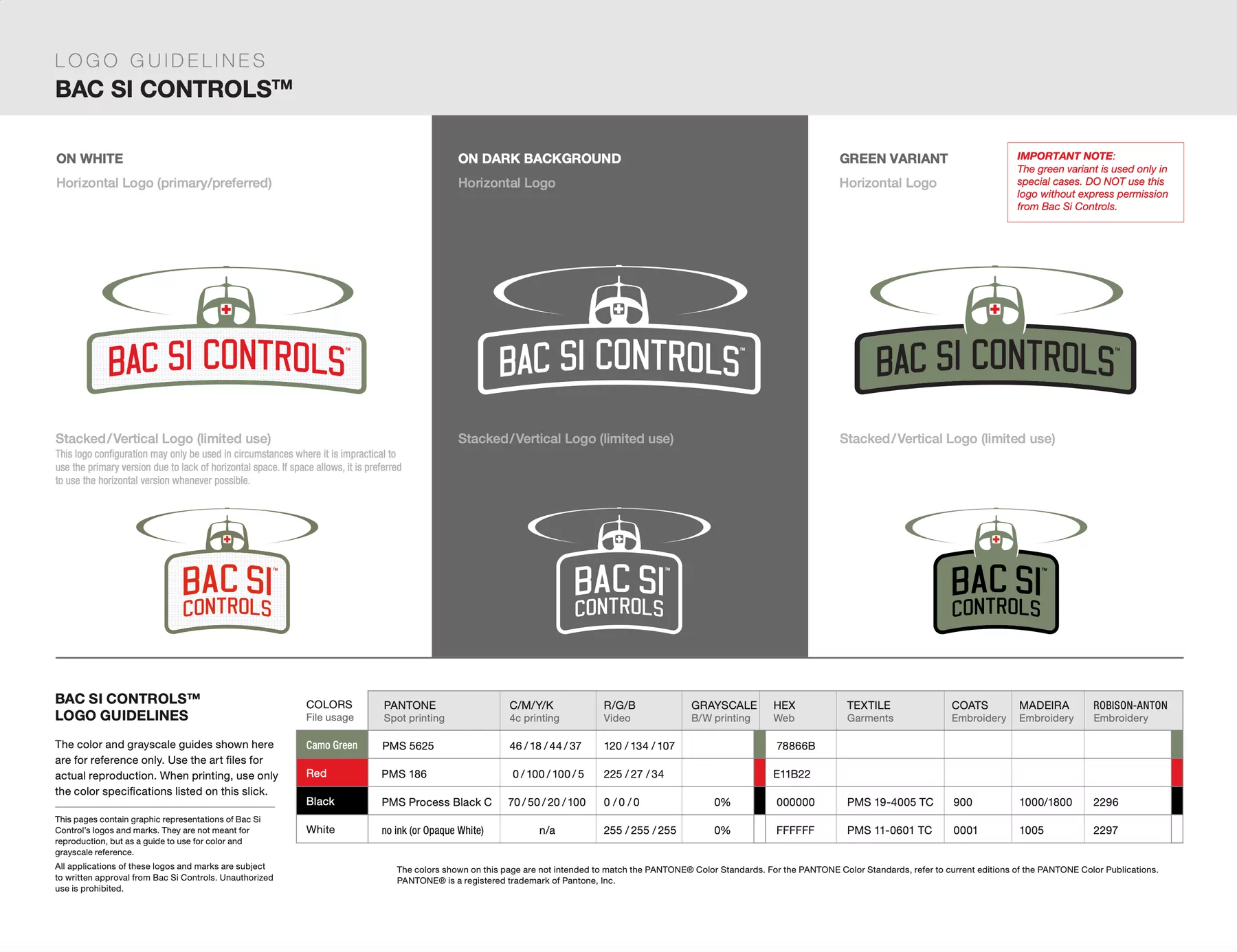 Bac Si Controls — logo guidelines showing the lockups, background variants and the colour specifications