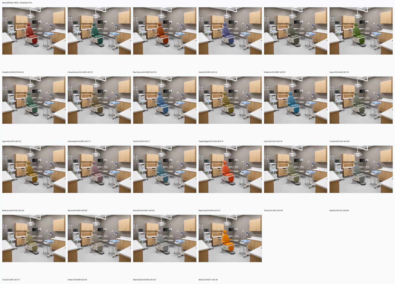 Boyd Industries — one generated room reissued in every colorway, each labelled with its Ultraleather number and measured colour difference