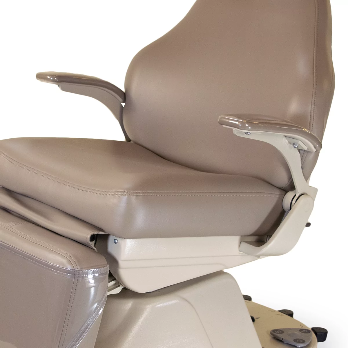 Boyd Industries — a close photograph of the chair's upholstery, armrest and seat, shot against white